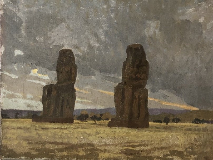 Henri Rapin (attr.à) (1873-1939), Les Colosses De Memnon, Paysage d'Egypte, Huile Sur Toile-photo-4