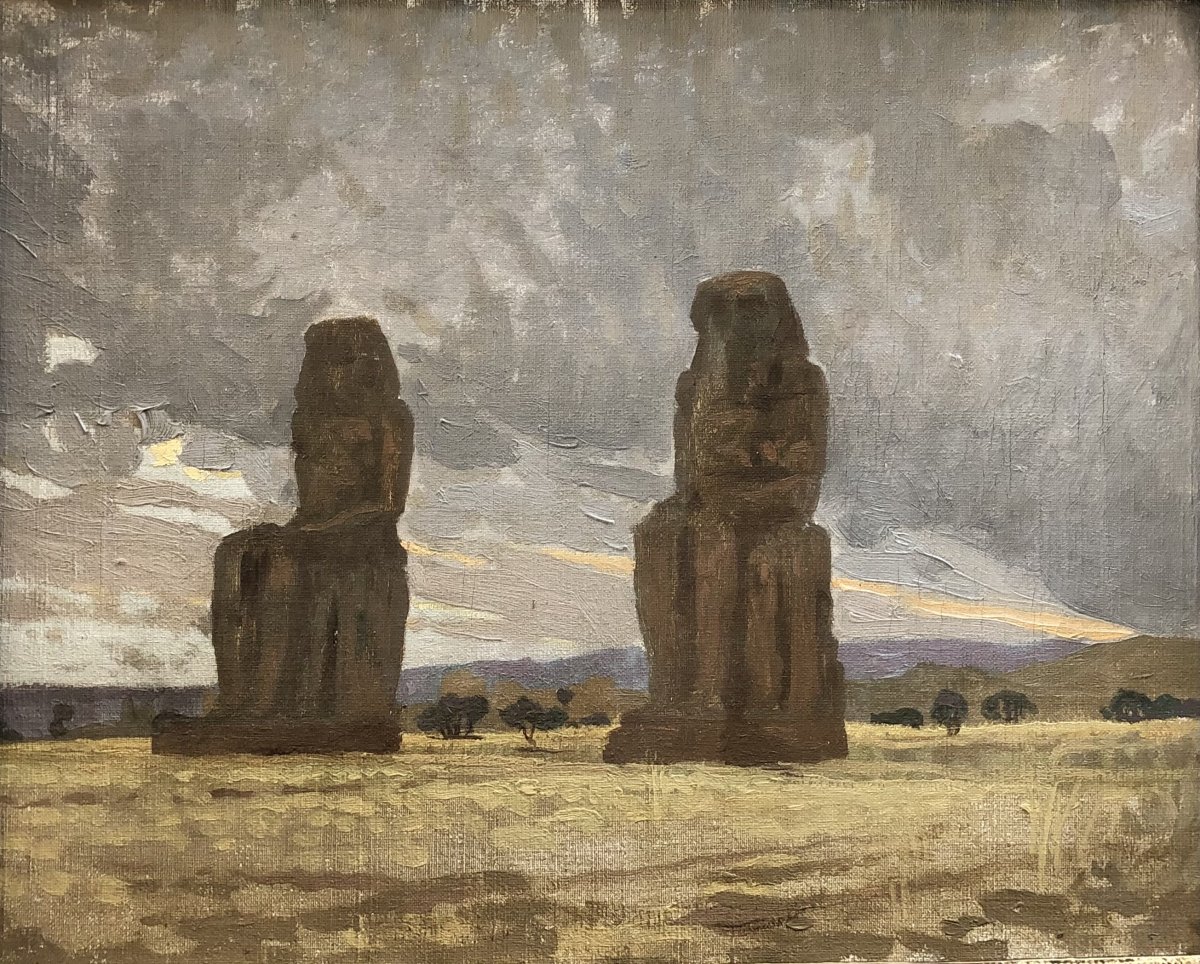 Henri Rapin (attr.à) (1873-1939), Les Colosses De Memnon, Paysage d'Egypte, Huile Sur Toile-photo-2