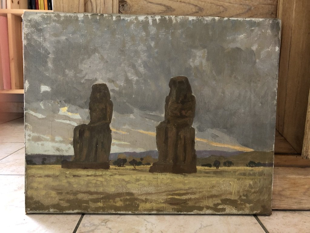 Henri Rapin (attr.à) (1873-1939), Les Colosses De Memnon, Paysage d'Egypte, Huile Sur Toile-photo-1
