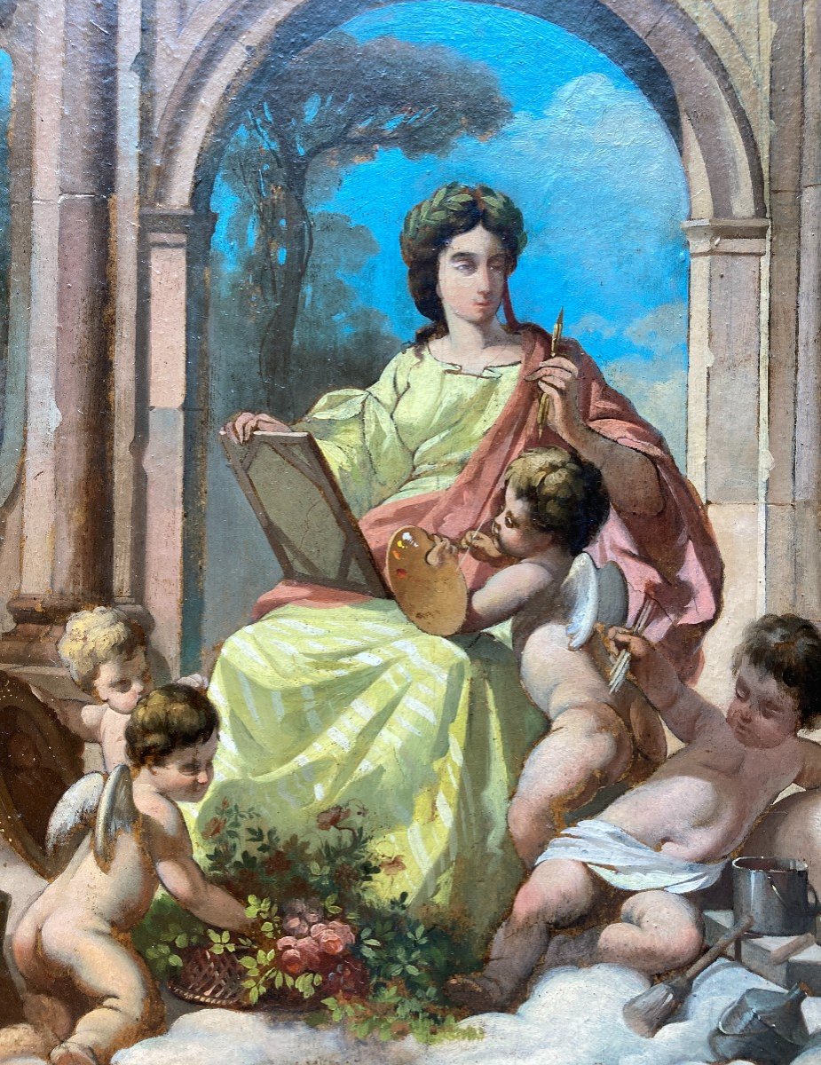 French School Circa 1860, Allegory Of Painting, Oil On Paper Mounted On Cardboard-photo-3