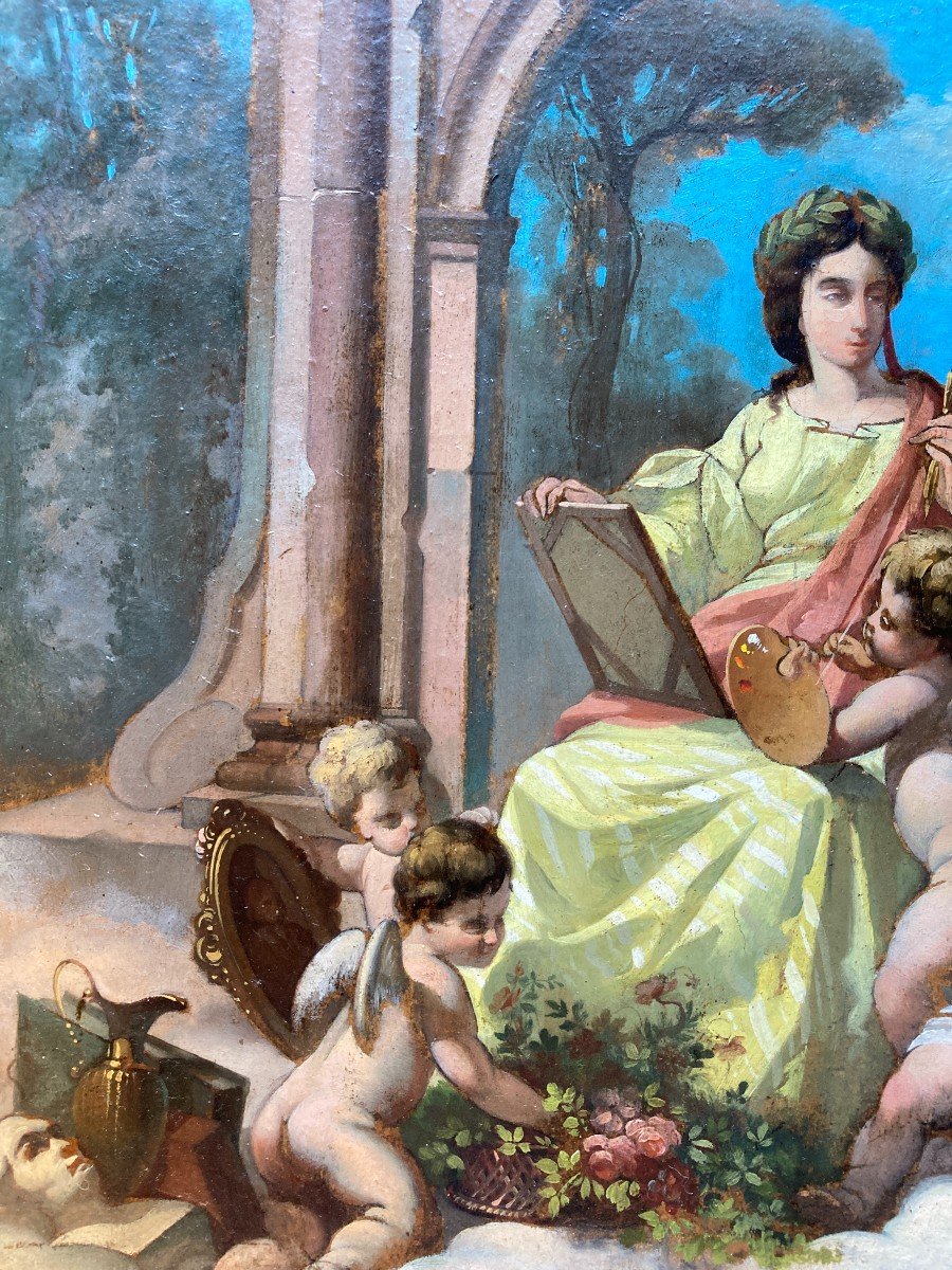 French School Circa 1860, Allegory Of Painting, Oil On Paper Mounted On Cardboard-photo-1