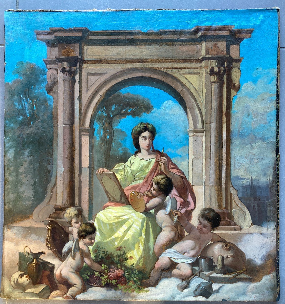 Ecole Française Vers 1860, Allégorie De La Peinture, Huile Sur Papier Marouflée Sur Carton-photo-3