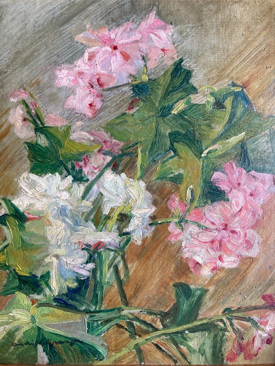 André Lagrange (1889-1958), The Geraniums, Flowers, Oil On Cardboard-photo-2
