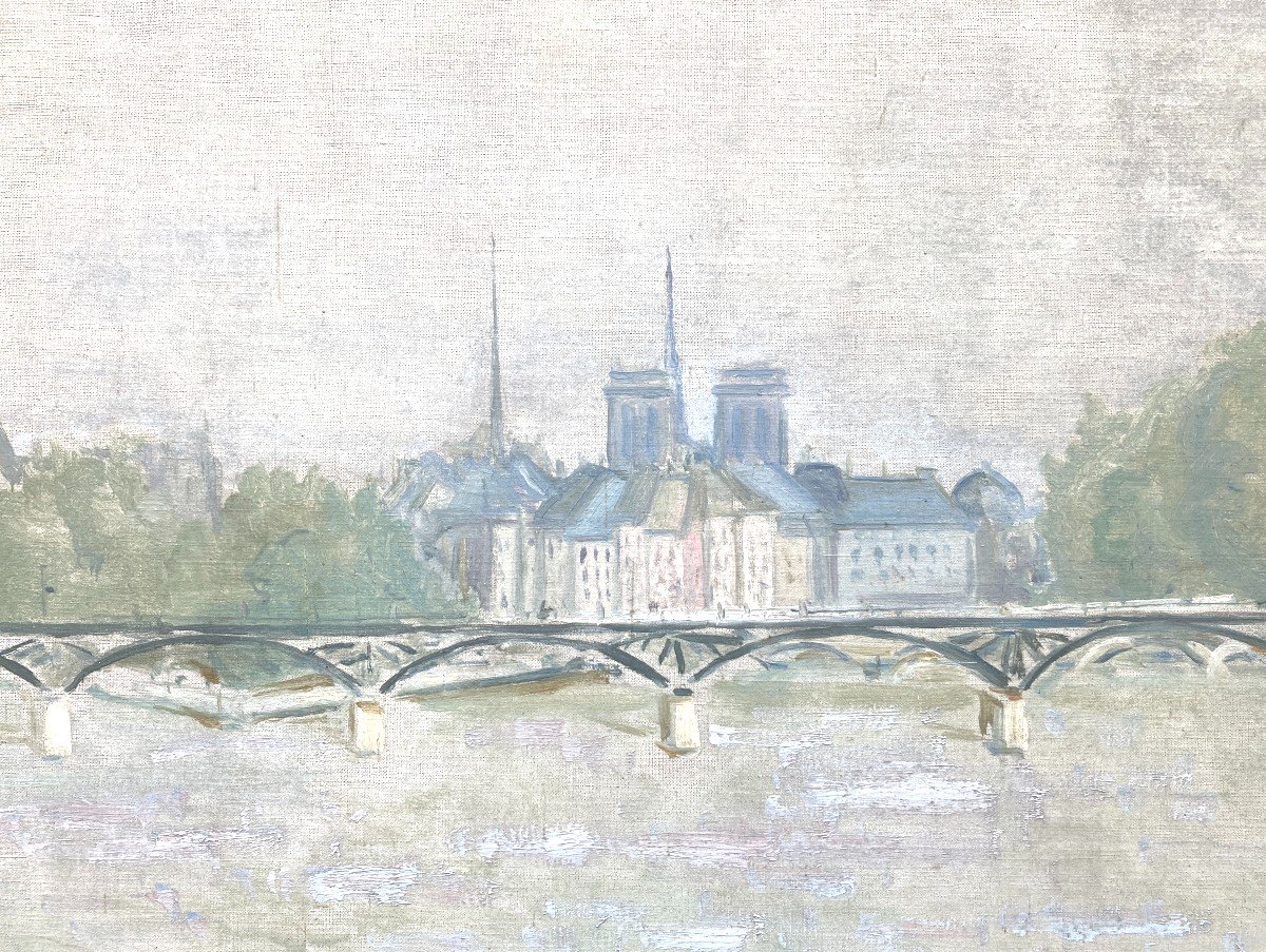 Jean Helleu (1894-1985) Attributed To, View Of The Island Of The City And Notre-dame De Paris, Oil-photo-2