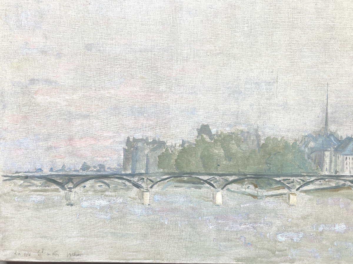 Jean Helleu (1894-1985) Attributed To, View Of The Island Of The City And Notre-dame De Paris, Oil-photo-3