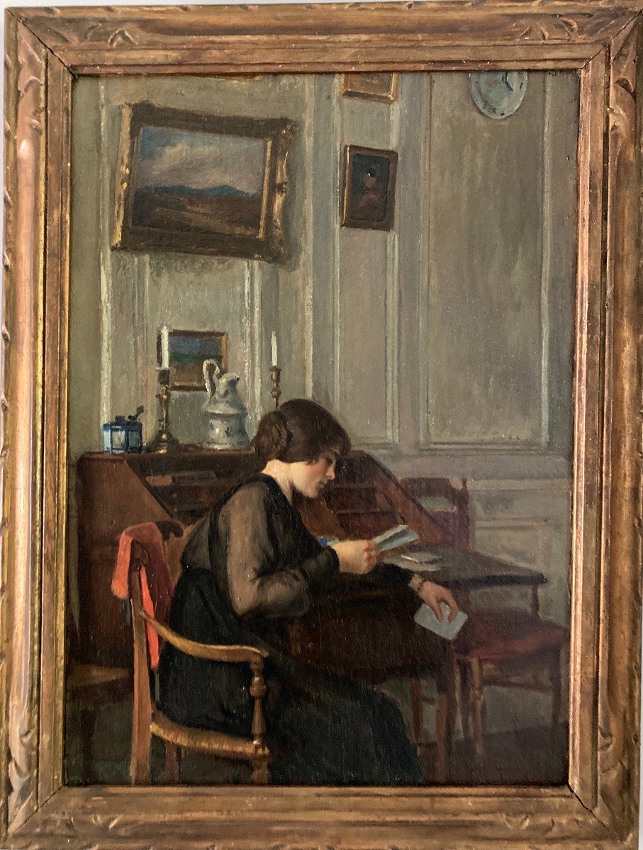Louis Petit (arnancourt 1864-paris 1937), The Letter: Woman Reading In An Interior-photo-2