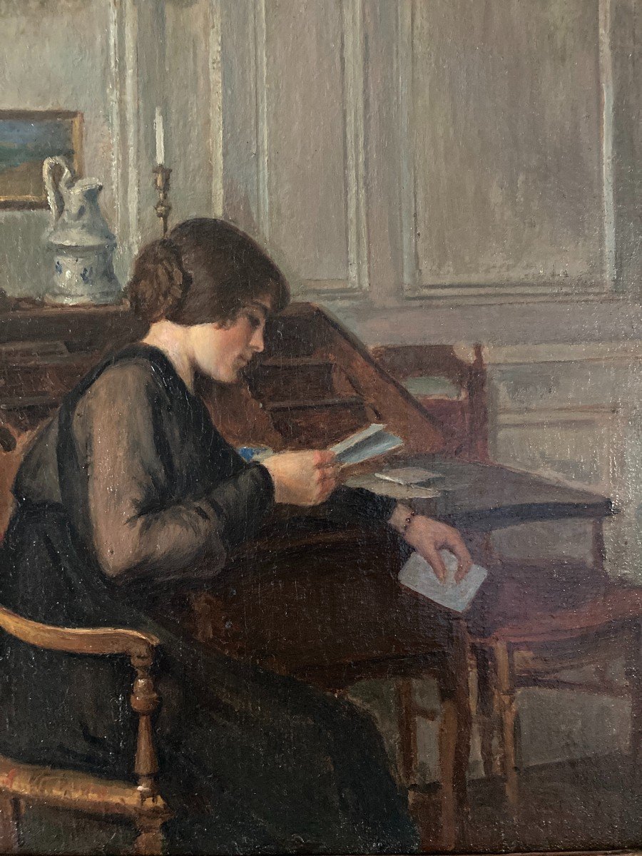 Louis Petit (arnancourt 1864-paris 1937), The Letter: Woman Reading In An Interior-photo-3