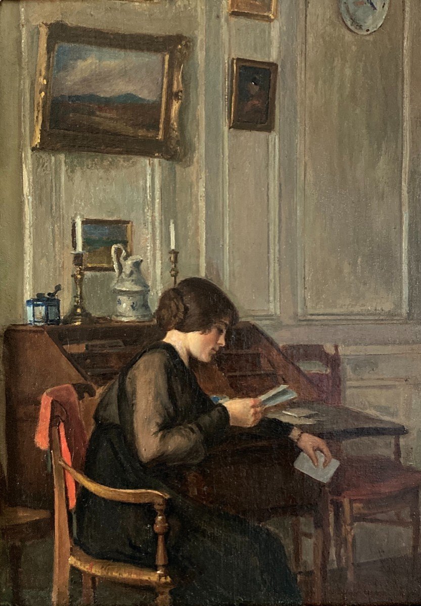 Louis Petit (arnancourt 1864-paris 1937), The Letter: Woman Reading In An Interior