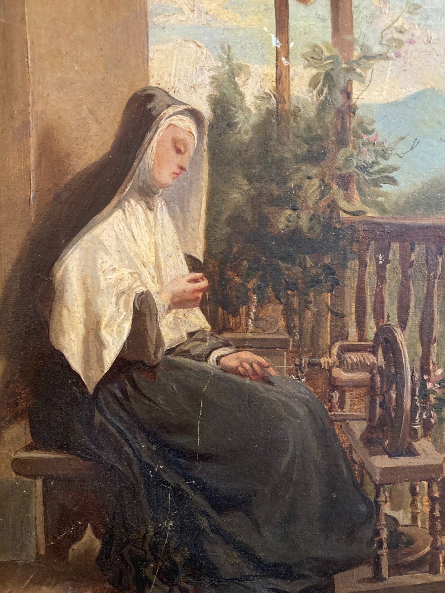 Enrico Iunck (1849-1878), Religieuse à Son Rouet, Huile Sur Toile, 1867-photo-2