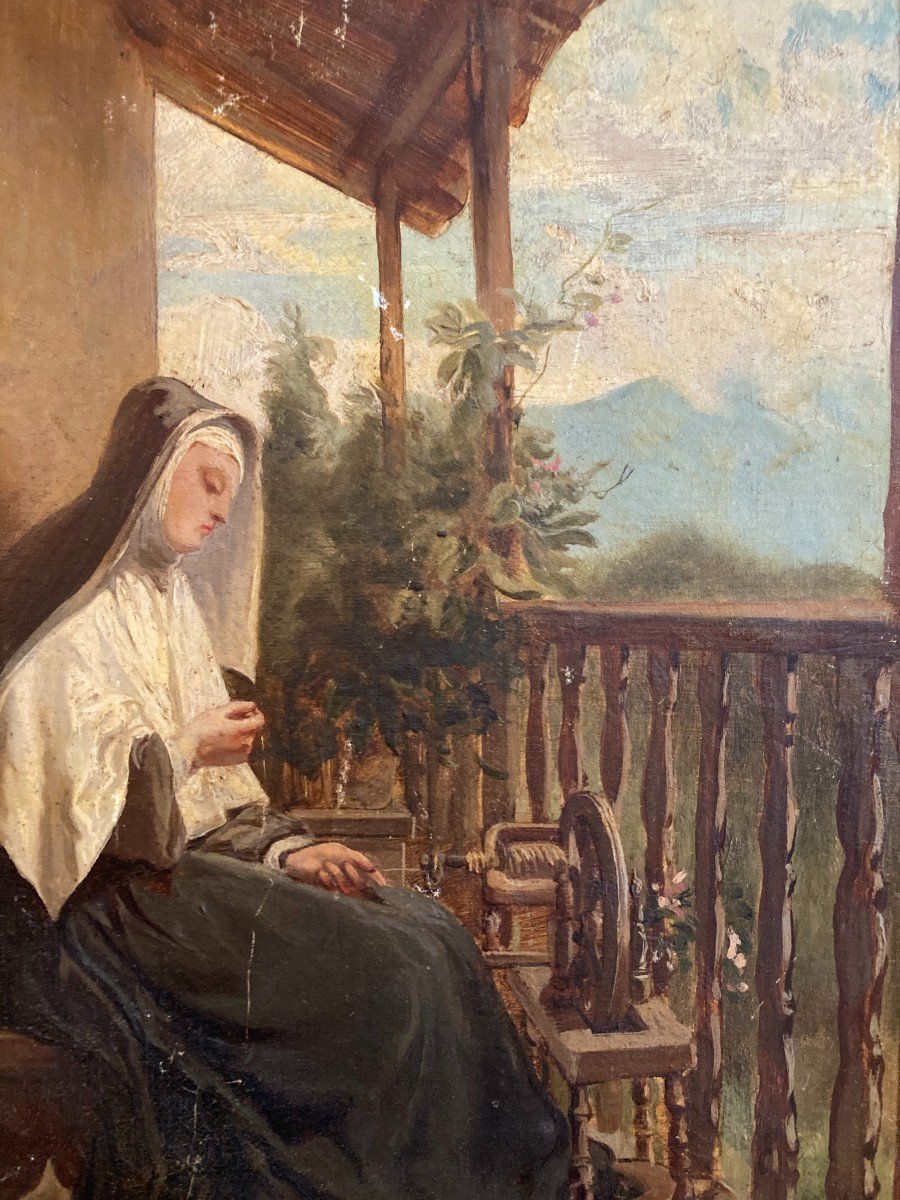 Enrico Iunck (1849-1878), Nun At Her Spinning Wheel, Oil On Canvas, 1867-photo-3