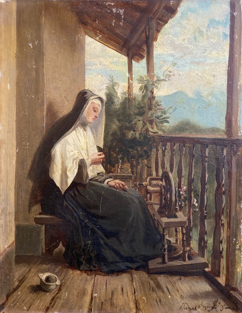 Enrico Iunck (1849-1878), Religieuse à Son Rouet, Huile Sur Toile, 1867