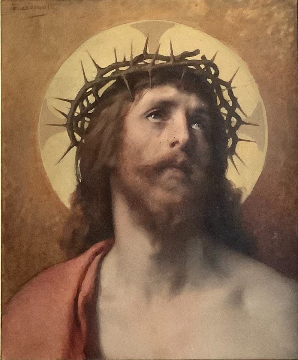 Félix Henri Giacomotti (Quingey 1828-Besançon 1909), Christ à la couronne d'épine, Huile toile-photo-3