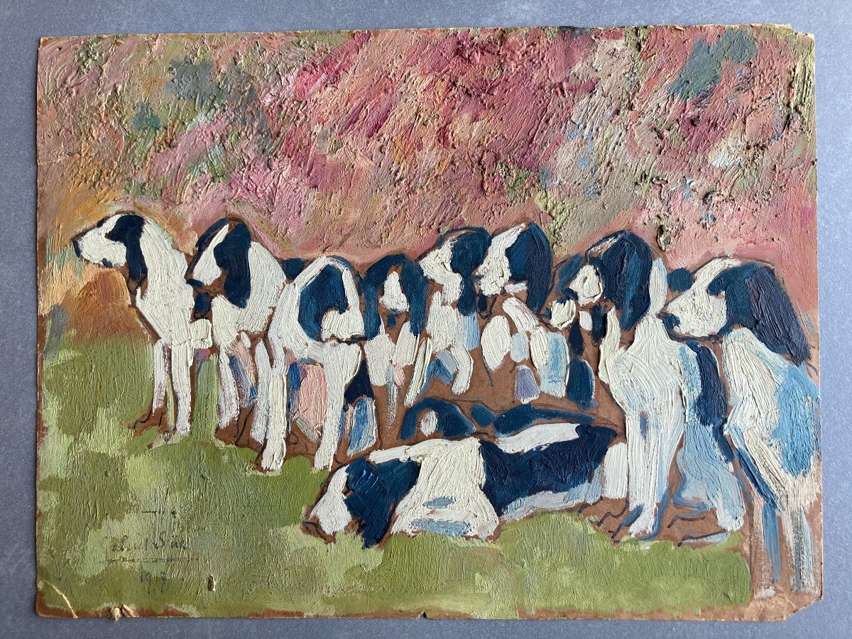 Gabriel Süe (marseille 1867-1958), Sketch: Pack Of Gascon Saintongeois Hunting Dogs-photo-2