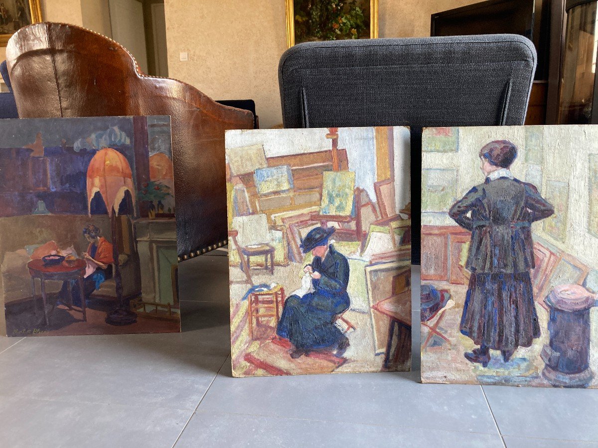 Marguerite Plessis (20th Century - Born In Bordeaux), Charlotte In Her Studio, Oil On Cardboard-photo-3
