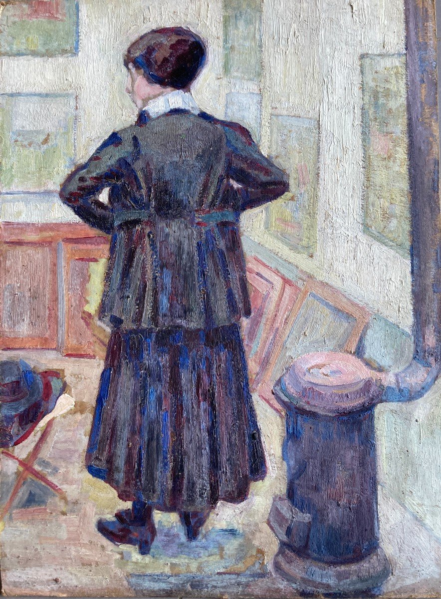 Marguerite Plessis (20th Century - Born In Bordeaux), Charlotte In Her Studio, Oil On Cardboard