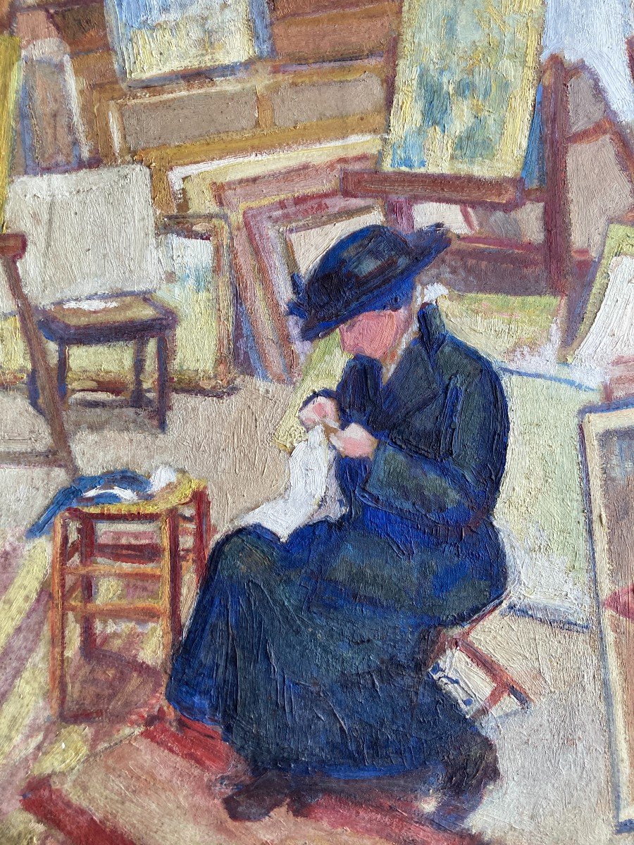 Marguerite Plessis (20th Century - Born In Bordeaux), Charlotte Sewing In Her Studio, Oil-photo-3