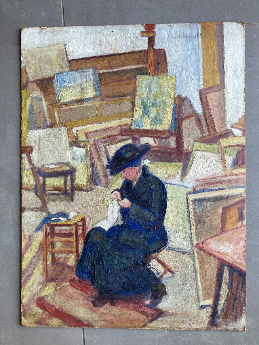 Marguerite Plessis (20th Century - Born In Bordeaux), Charlotte Sewing In Her Studio, Oil-photo-4