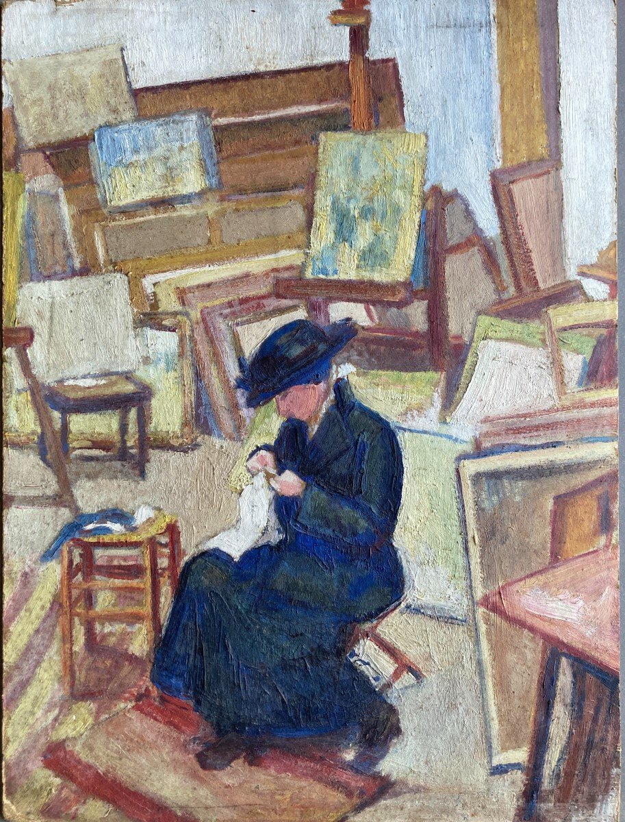 Marguerite Plessis (20th Century - Born In Bordeaux), Charlotte Sewing In Her Studio, Oil