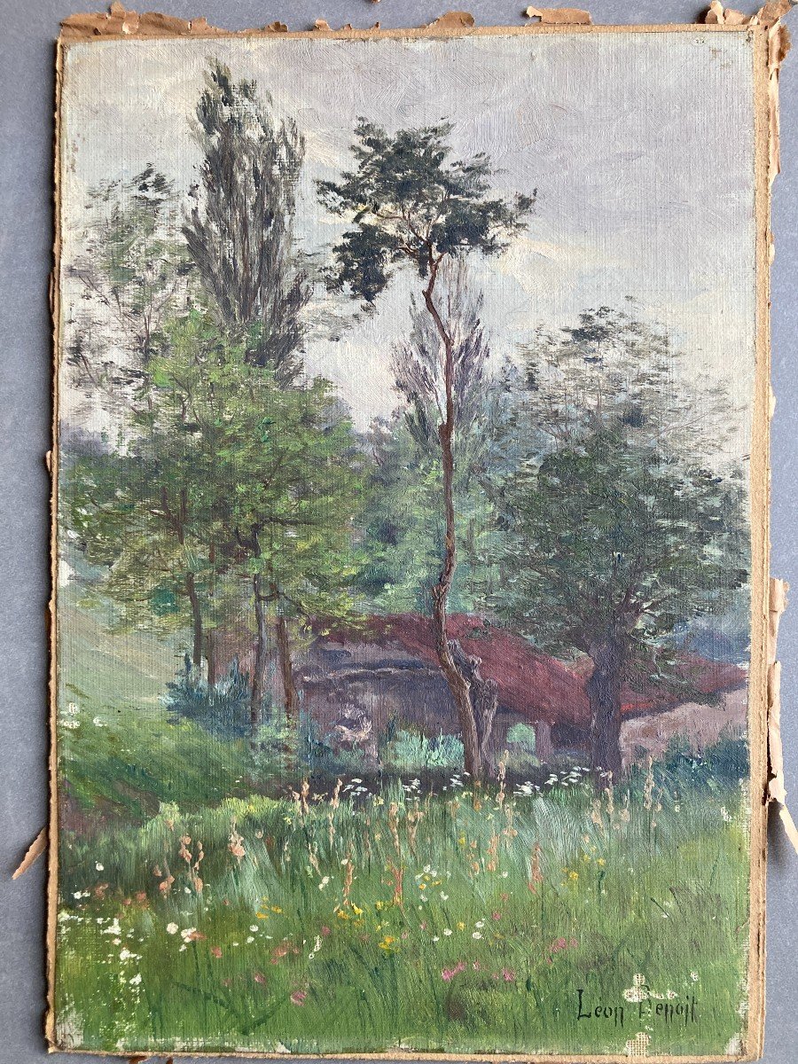 Léon Marie Benoit (1865-1917), Cabane Dans Un Paysage Forestier, Huile Sur Toile Marouflée-photo-1