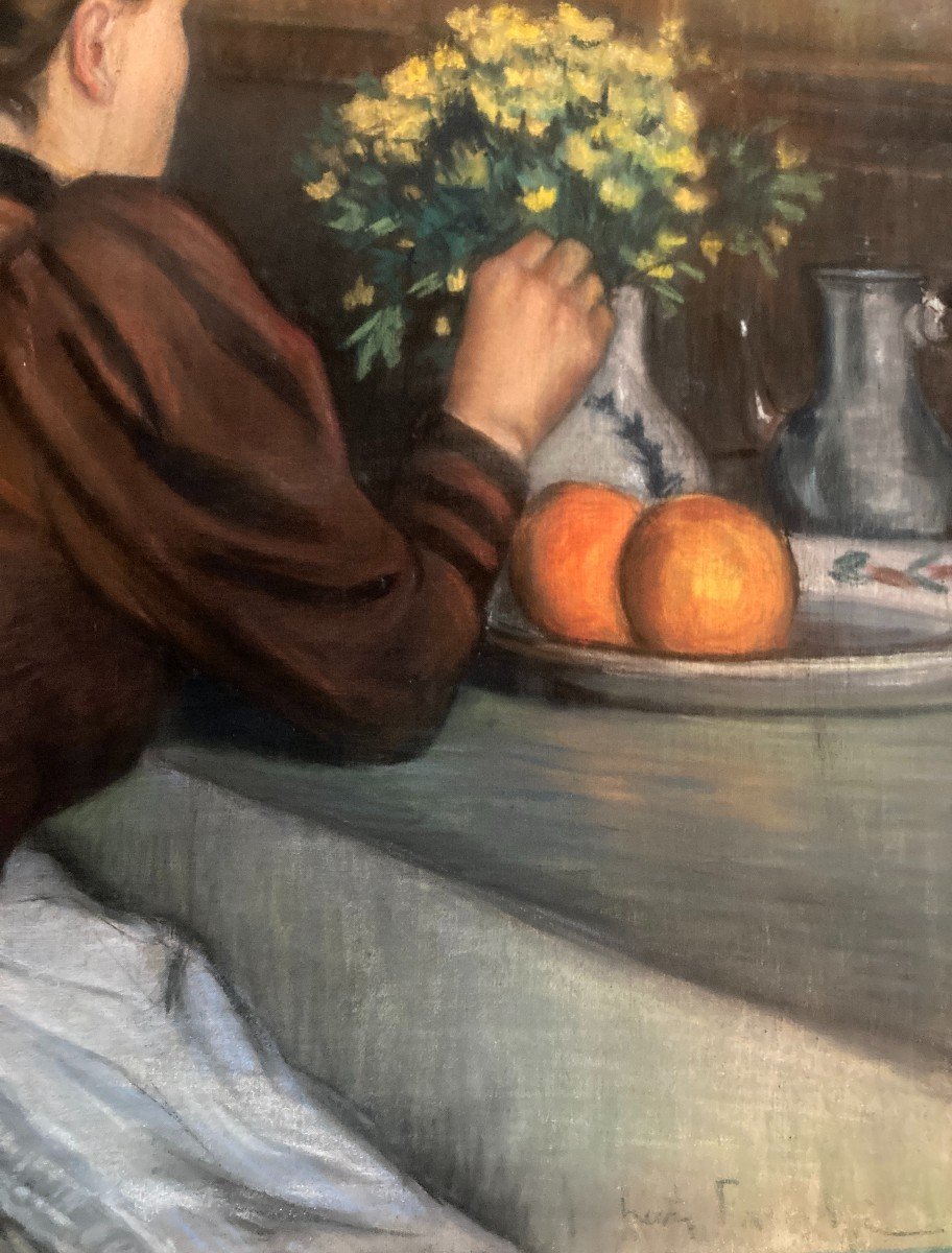 Léon Fauche (briey 1868 - Paris 1950), Femme Dans Un Intérieur, Pastel Sur Toile, Circa 1906-photo-4