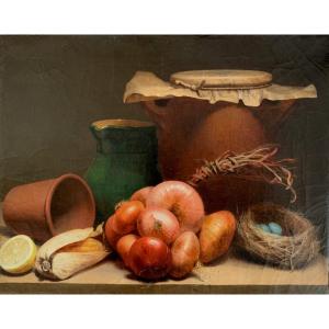 French School Late Nineteenth Century, Still Life With Onions, Oil On Canvas, Kitchen