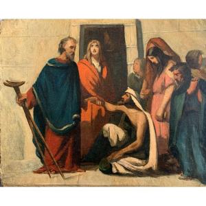 French School Around 1840, Saint Peter Healing The Lame, Sketch, Oil On Paper
