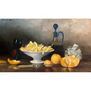 Dupont? French School Late Nineteenth, Still Life With Citrus And Glassware, Oil On Canvas