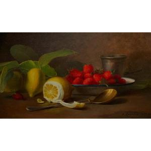 H.Raynaud?, Ecole Française 1900, Nature Morte Aux Fraises Et Au Citron, Huile Sur Toile