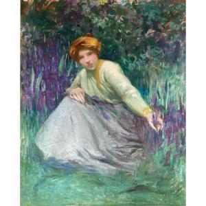 Barthelemy Gabriel Azam (peintre Toulousain), Le Printemps : Femme Aux Iris, Huile Sur Toile