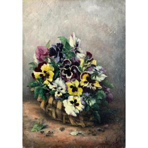 Attributed To Marie-louise Gibert, Bouquet Of Flowers Or Basket Of Pansies, Oil On Canvas, Lyon