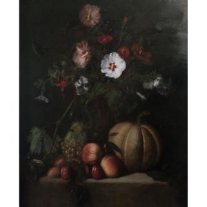 Ecole Française Du XIXe, Nature Morte Aux Fleurs Et Aux Fruits, Huile Sur Toile