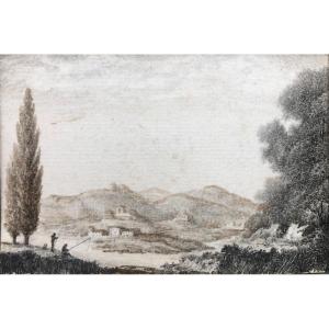 French Or Italian School Around 1800, Italian Landscape?, Ink And Wash Drawing, Miniature