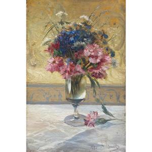 Amédée Baudit (1825-1890), Bouquet De Fleurs: Oeillets Et Bleuets Dans Un Vase, Huile Sur Toile