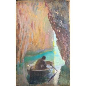 Jules Octave Triquet (paris 1867-1914), Barque à Talloires, Grotte du Grand Perthuis, Lac d'Annecy, Huile