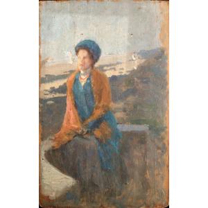 Jules Octave Triquet (paris 1867-1914), Portrait De Femme En Bord De Mer, Huile