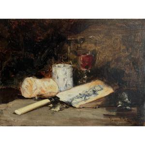 Gustave-louis Baudrier (1837-1897), Nature Morte Aux Fromages Et Verrerie, Huile Sur Toile