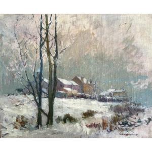 Léon Broquet (1869-1935), Winter Landscape: Snowy Village, Oil On Canvas, Impressionism 
