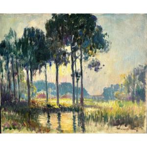 Léon Broquet (1869-1935), Paysage En Bord De Rivière, l'été?, Huile Sur Toile, Impressionnisme 