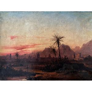 Aimé Louis André (lyon 1815-1885), Orientalist Landscape: North Africa Or Lebanon? Oil Paper