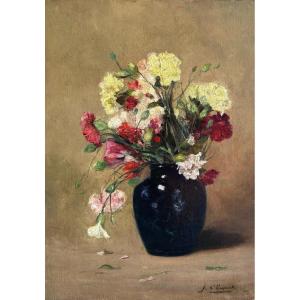 Jules Charles Choquet (paris 1846-1937), Bouquets d'Oeillets, Fleurs, Huile Sur Toile