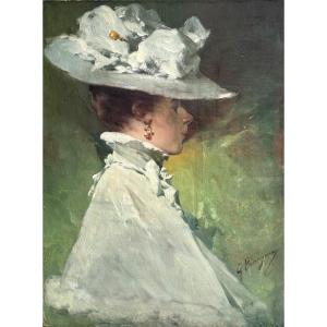 Gabriel Beringuier (toulouse 1842-1913), Portrait Of An Elegant Jeweled Lady, Oil On Canvas