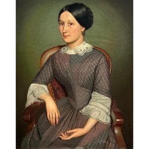 Ecole Française Vers 1860, Grand Portrait De Jeune Femme à La Dentelle, Huile Sur Toile