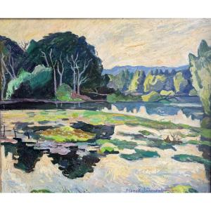 Franck Innocent (rouen 1912-1983), Landscape: The Eure At Pont De l'Arche, Rouen, Oil, 1979