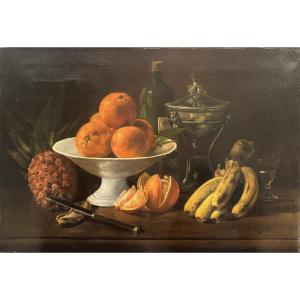V.Ayguesparses (XIXe), Nature morte aux fruits et verreries, Huile sur toile, 1899, Bordeaux?