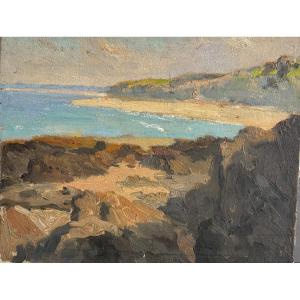 Frédéric Levé (1877-1968), Rochers à Grandville en Normandie, Huile sur panneau