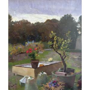 Attribué à Théodore Klotz-Dürrenbach (1890-1959), Coin de potager et jardin, huile toile 1911