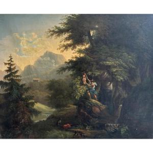 Ecole française néoclassique vers 1830, Paysage: Oedipe enfant détaché de l'arbre par Phorbas