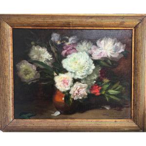 Emile Dupont-zipcy (1822-1885), Still Life With Peonies And Irises, Oil On Canvas, 1882