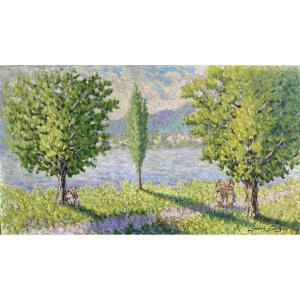 Gaston Gaby? (20th Century), Animated Landscape By The River, Oil On Canvas