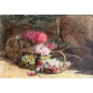 French School, Early 20th Century, Flowers In A Wheelbarrow: Roses And Pansies, Oil On Canvas